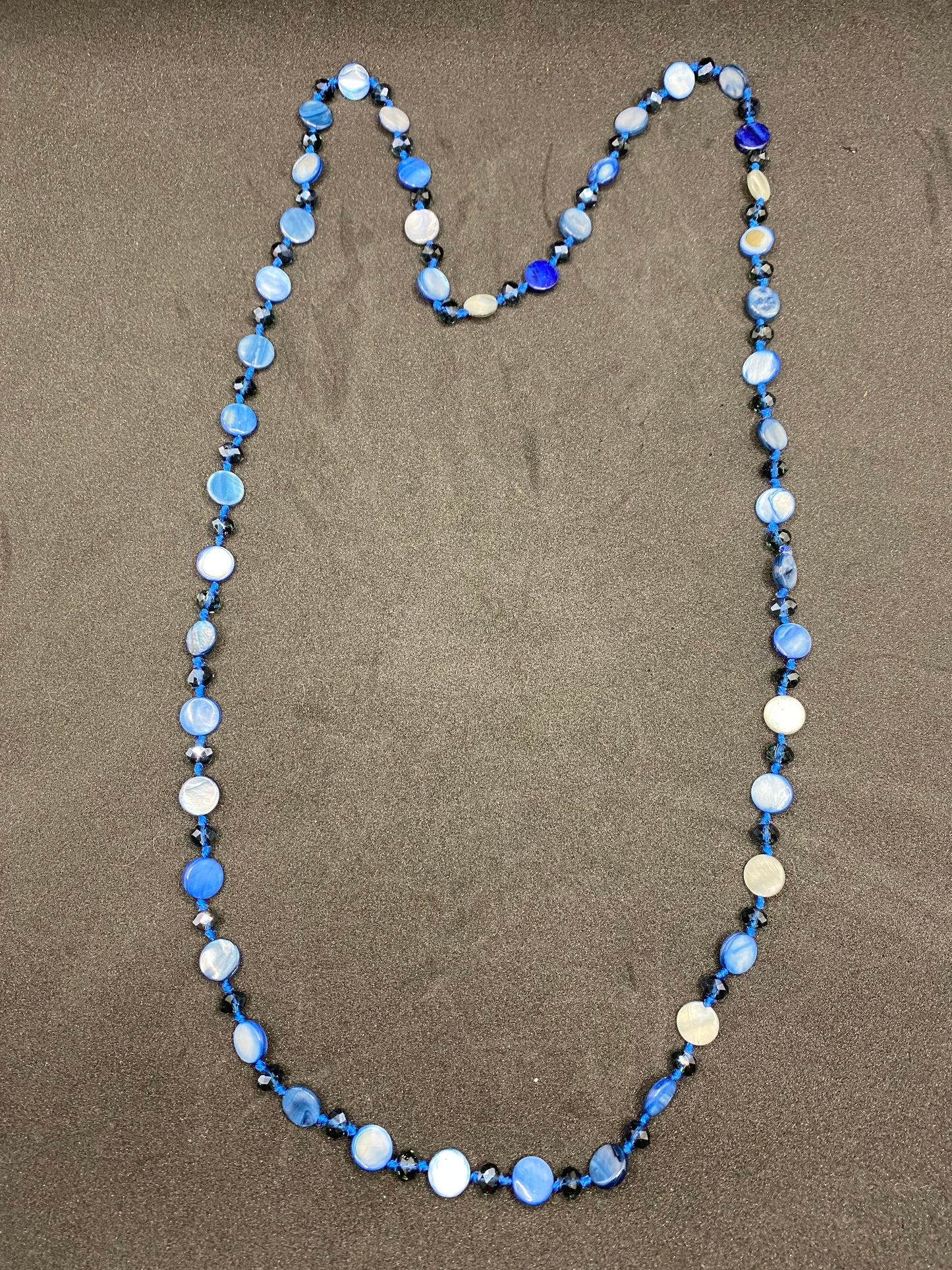 Blue glass bead long necklace